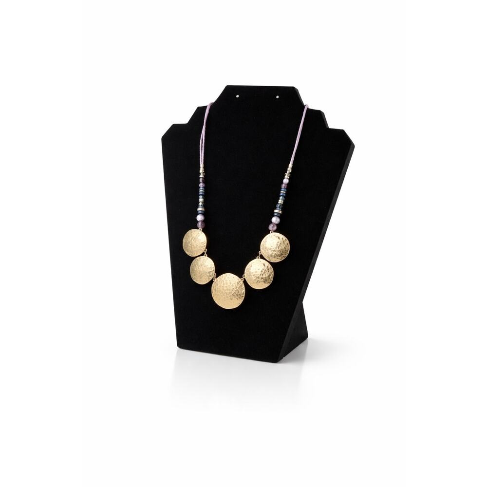 Vintage Statement Necklace Hammered Gold Tone Circular Disc 22" Muted Beads